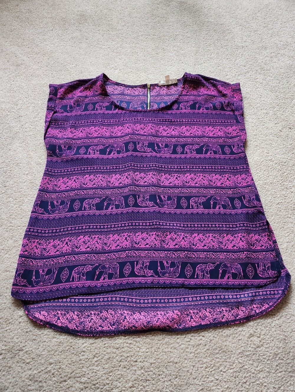 Pink Rose Elephant Print Blouse Top Large Pink Blue